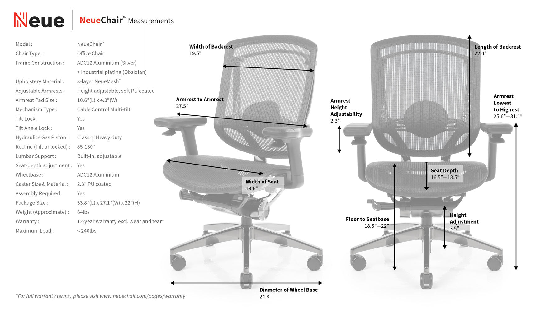 NeueChair Measurements Specification Sheet